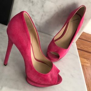 B Brian Atwood Hot Pink Suede and Sparkle Heels
